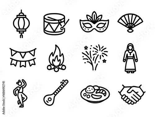 Cultural Celebration Icons. Outline icon set of cultural celebrations: lantern, drum, mask, fan, garland,