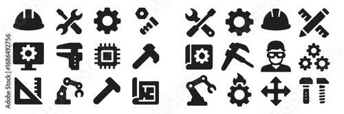 Collection of engineering and construction icons representing tools, machinery, and technical elements in black silhouette style