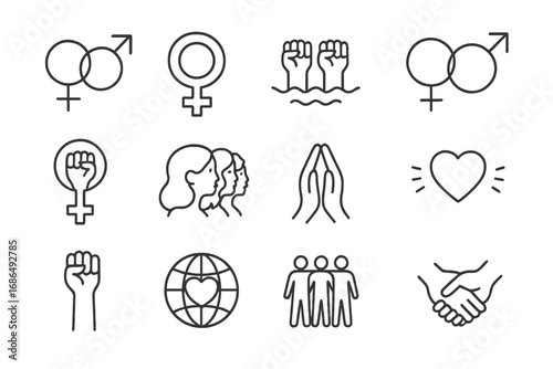 Gender and feminism icon set. Thin line vector signs for equality, human rights, protest, girl power, sisterhood, solidarity, love and peace. Community and relationship symbols.