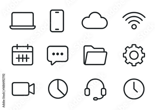Remote Management Icons. Outline icon set of remote management: laptop, smartphone, cloud, Wi-Fi, calendar,