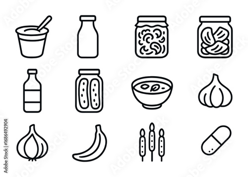 Gut Health Icons. Outline icon set of gut health foods: yogurt, kefir, sauerkraut, kimchi, kombucha, pickles,