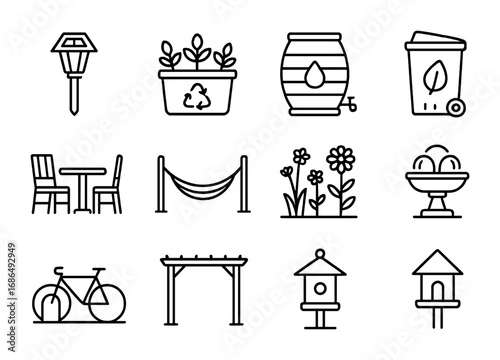 Eco Yard Icon Set. Outline icon set of eco-friendly yards: solar lantern, recycled planter, rain barrel,