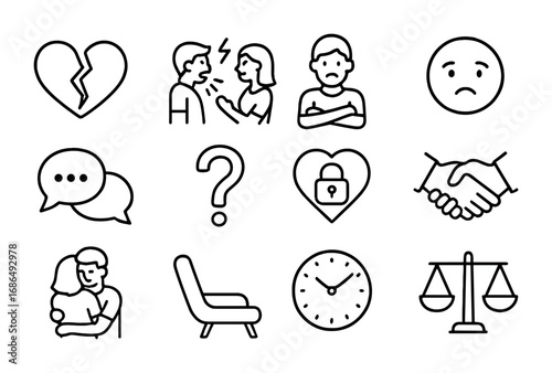 Jealousy Icon Set. Outline icon set of handling jealousy in romantic relationships: broken heart, couple