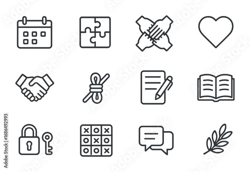Trust-Building Icon Set. Outline icon set of trust-building activities: calendar, puzzle, teamwork hands,