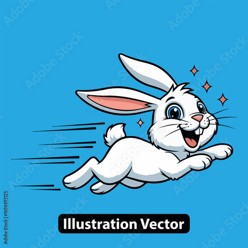 Energetic and joyful white bunny character leaping quickly with speed lines and sparkles