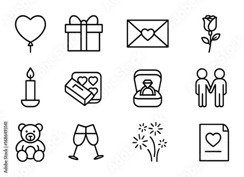Romantic Gesture Icons. Outline icon set of romantic gestures: heart balloon, gift box, love letter, rose,