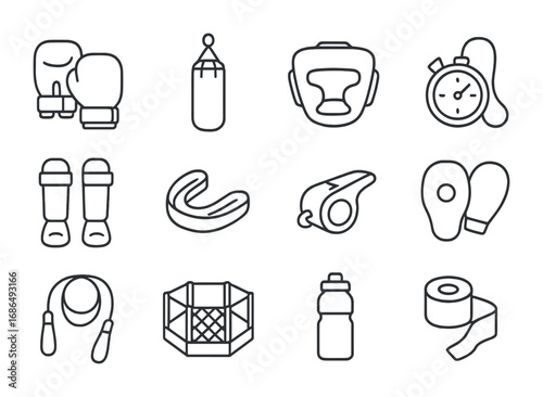 MMA Training Icons. Outline icon set of mixed martial arts training: boxing gloves, punching bag, headgear,