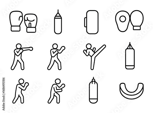 Martial Arts Icons. Outline icon set of striking sports: boxing gloves, punching bag, kick pad, mitts, jab
