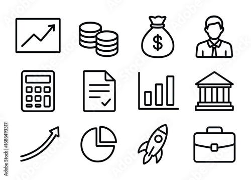 Financial Icons Grid. Outline icon set of financial returns: profit chart, coins stack, dollar bag, investor,