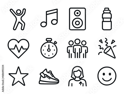 Zumba Icon Set. Outline icon set of Zumba workout: dance pose, music symbol, speaker, water bottle, heart rate