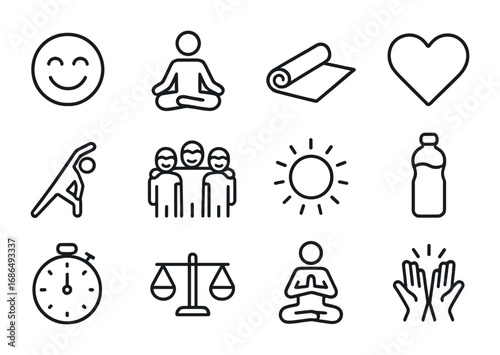 Laughter Yoga Icons. Outline icon set of laughter yoga: smile face, lotus pose, yoga mat, heart, stretching