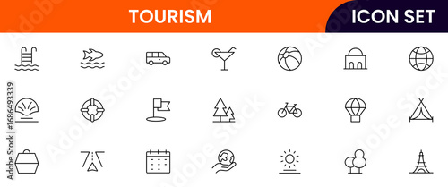 Tourism vector line icons featuring landmarks, airplanes, suitcases, maps, hotels, cameras, travel guides, beaches, and sightseeing activities symbols.