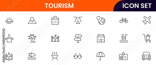 Tourism vector line icons featuring landmarks, airplanes, suitcases, maps, hotels, cameras, travel guides, beaches, and sightseeing activities symbols.