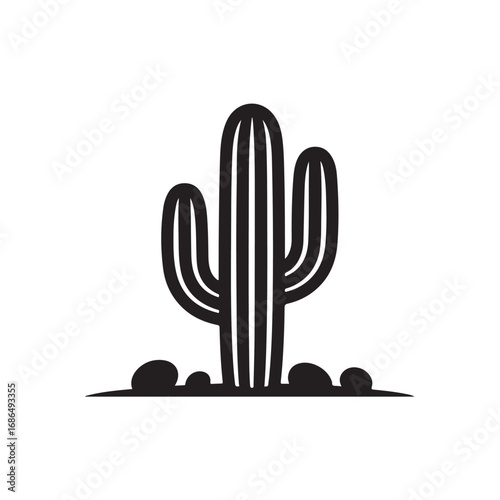 Stylized Black and White Saguaro Cactus Icon with Rocks