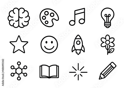 Creative Brain Icons. Outline icon set of dopamine and creativity: brain, paint palette, music note, light