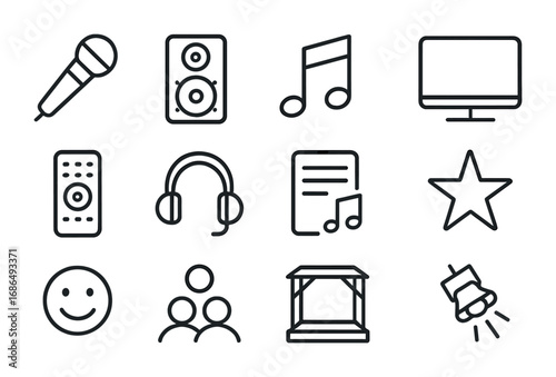 Smart Karaoke Icons. Outline icon set of smart karaoke systems: microphone, speaker, music note, screen,