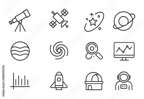 Exoplanet Search Icons. Outline icon set of exoplanet search: telescope, satellite, star system, orbit line,