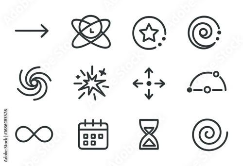Cosmic Time Icons. Outline icon set of cosmic time and scale: light year symbol, cosmic clock, star age,