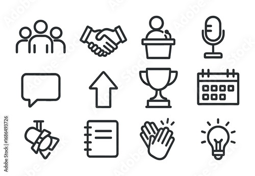 Team-Building Icon Set. Outline icon set of team-building talks: group of people, handshake, podium,