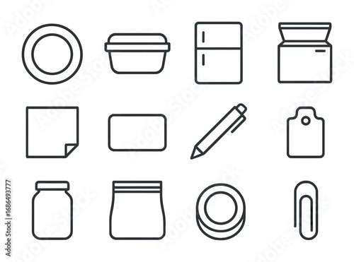 Leftover Management Icons Set. Outline icon set of leftover management: plate, food container, fridge, freezer