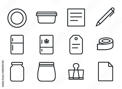 Meal Labeling Icons. Outline icon set of meal labeling: plate, container, sticky label, pen, fridge, freezer,
