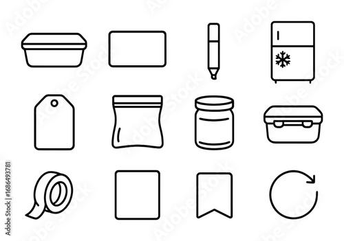Leftover Label Icon Set. Outline icon set of labeling leftovers: food container, sticky label, marker pen,