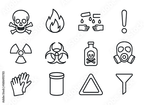 Hazardous Icons Grid. Outline icon set of hazardous label icons: skull symbol, flame symbol, corrosive symbol,