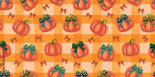 Holiday seamless pumpkin background with festive bows. Orange pumpkins with polka dot bows seamless design