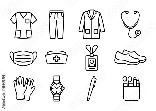 Nurse Fashion Icons. Outline icon set of fashion for nurses: scrub top, scrub pants, lab coat, stethoscope,