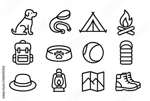 Camping with Pets Icons. Outline icon set of camping with pets: dog, leash, tent, campfire, backpack, water