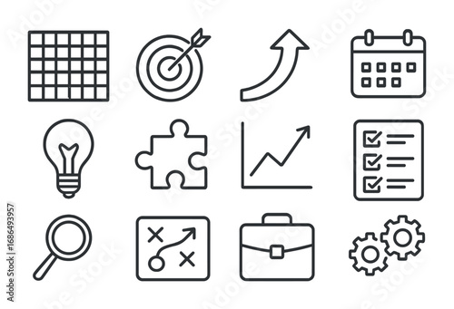 Strategic Planning Icons. Outline icon set of strategic planning: chess board, target, arrow, calendar, light
