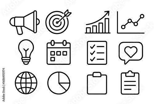Marketing Icon Set. Outline icon set of marketing strategy: megaphone, target, arrow, graph, analytics chart,