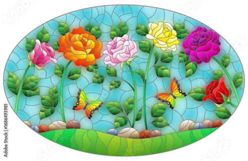 A stained glass illustration with bright roses, and butterflies on a meadow and sky background