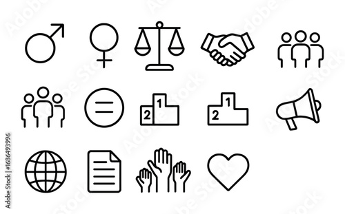 Gender Equality Icons. Outline icon set of gender equality: male symbol, female symbol, balance scale,