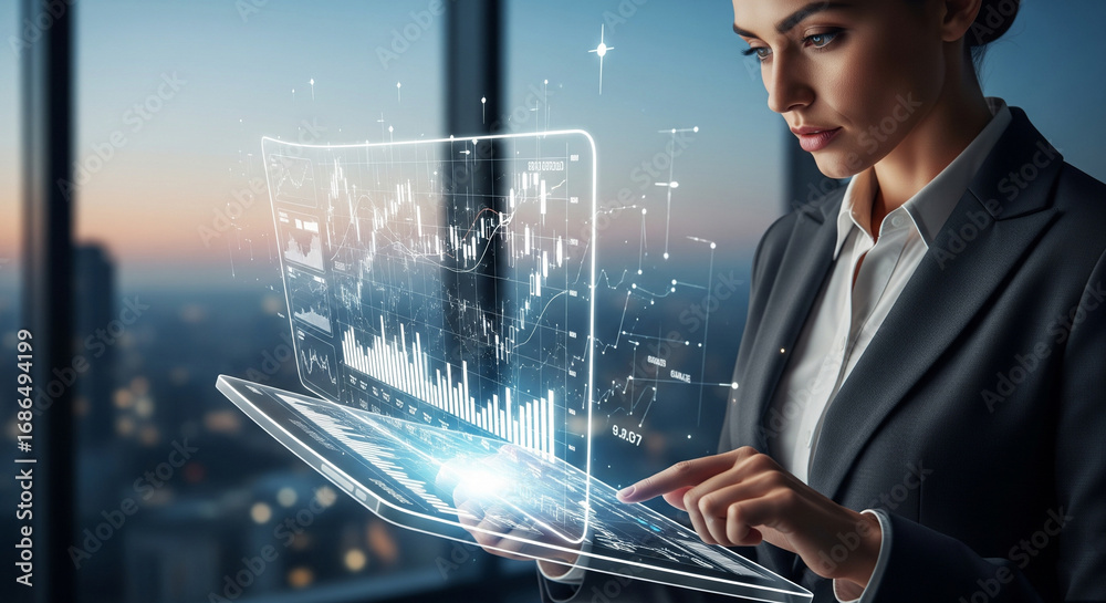 Fototapeta premium A businesswoman analyzes complex financial data on a futuristic, transparent holographic tablet, representing innovation in financial technology.