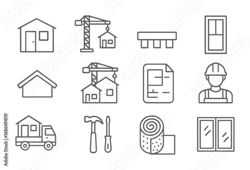 Modular Home Icons. Outline icon set of modular and prefabricated home construction: modular unit, crane,