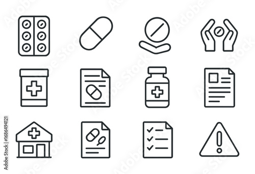 Pharmaceutical Icons Grid. Outline icon set of pharmaceutical packaging: blister pack, capsule, tablet, hands,
