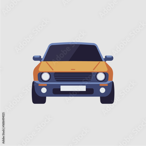 Front view of a stylized, orange and blue, vintage car.