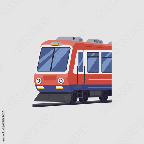 Red and white commuter train on tracks, front view illustration.