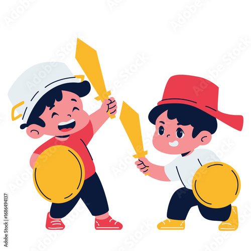 two kids playing with sword and shield illustration