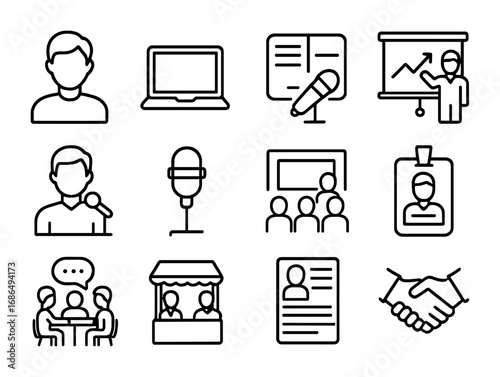 Student Seminar Icons. Outline icon set of students attending career development seminars: student, laptop,