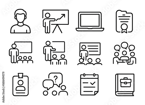 Job Market Icons. Outline icon set of job market orientation sessions: student, presentation board, laptop,