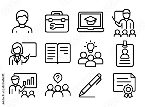 Student Skills Icon Set. Outline icon set of students attending skill-building events: student, toolkit,