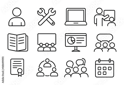 Skill Workshop Icons. Outline icon set of skill development workshops: student, tools, laptop, instructor,