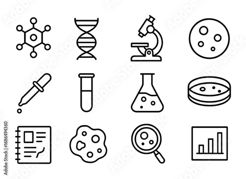 Prehistoric Virus Study Icons. Outline icon set of Studying prehistoric viruses: viral particle, DNA helix,