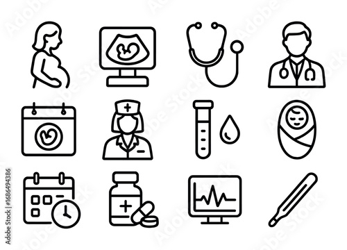 Prenatal Checkup Icons. Outline icon set of Prenatal Checkups: pregnant woman, ultrasound, stethoscope, doctor