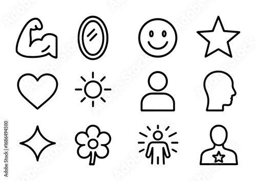 Inner Strength Icons. Outline icon set of Inner strength symbols: muscle arm, mirror, smiling face, star,