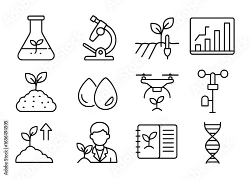 Agricultural Research Icons. Outline icon set of Agricultural research: lab flask, microscope, field testing,