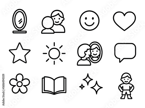 Child Affirmation Icons. Outline icon set of Mirror affirmations for children: mirror, child, smile, heart,