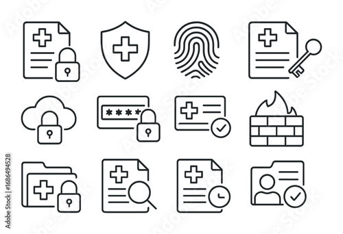 Secure Medical Icons. Outline icon set of Secure medical records: lock, shield, fingerprint, encryption key,
